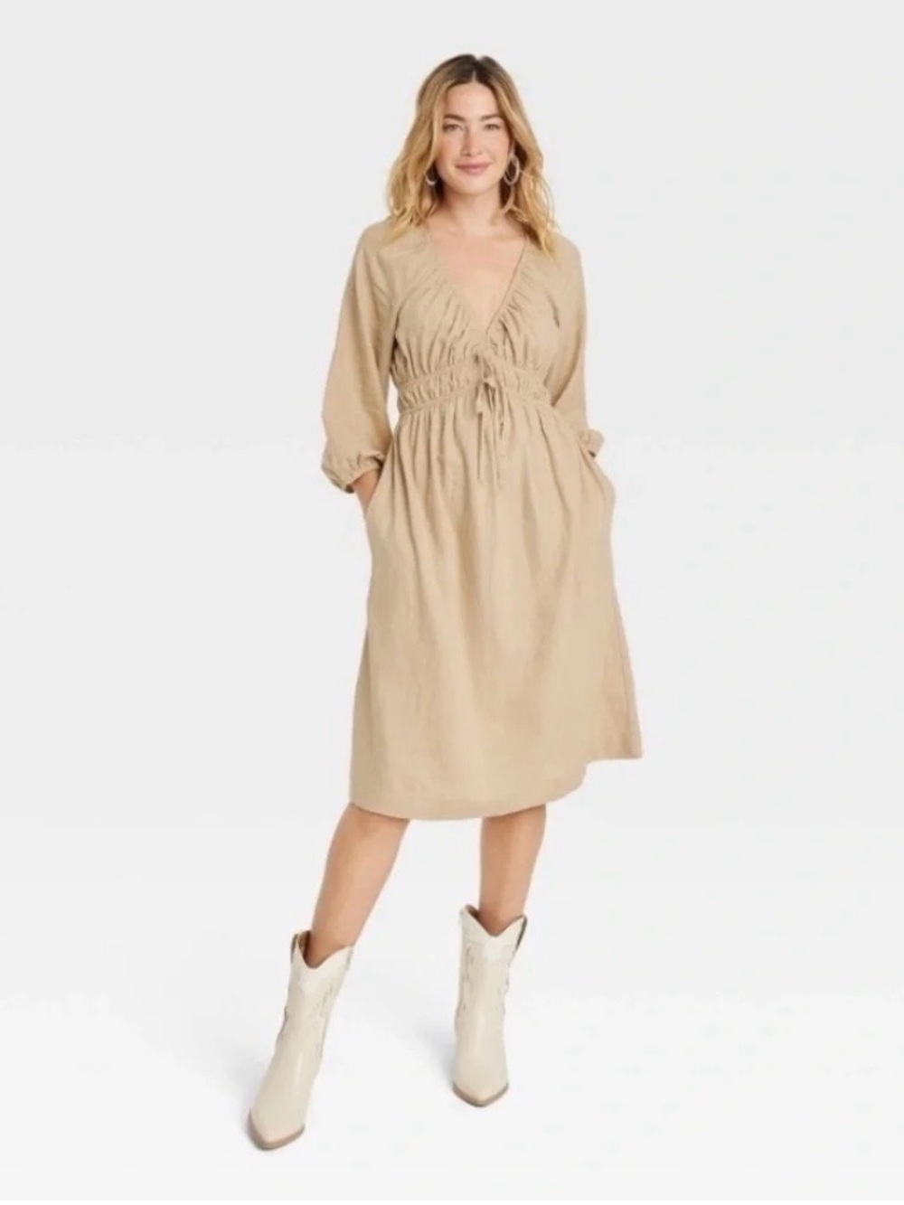 Universal Thread Tie-Front Puff 3/4 Sleeve Midi Dress in Tan XXL